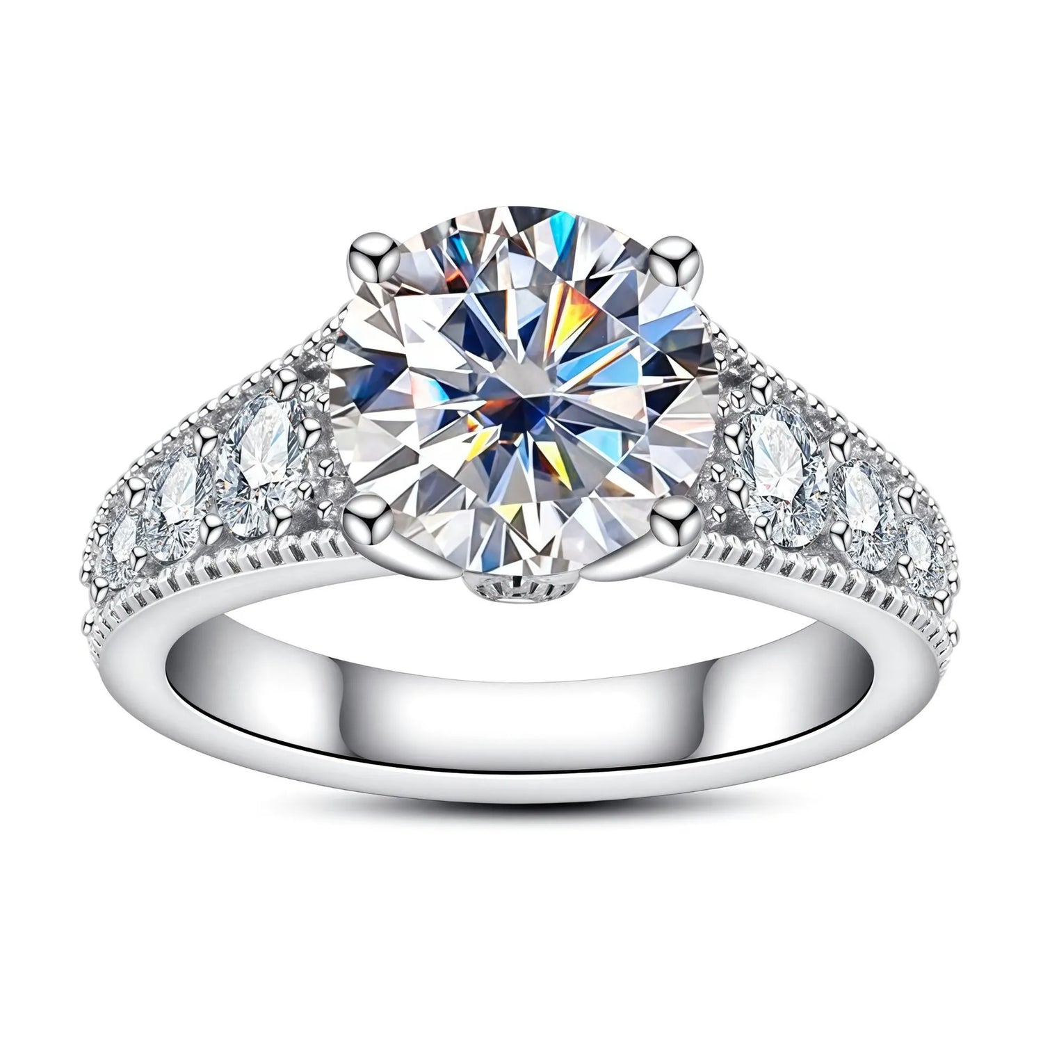 Vintage gradient side stone round cut moissanite engagement ring