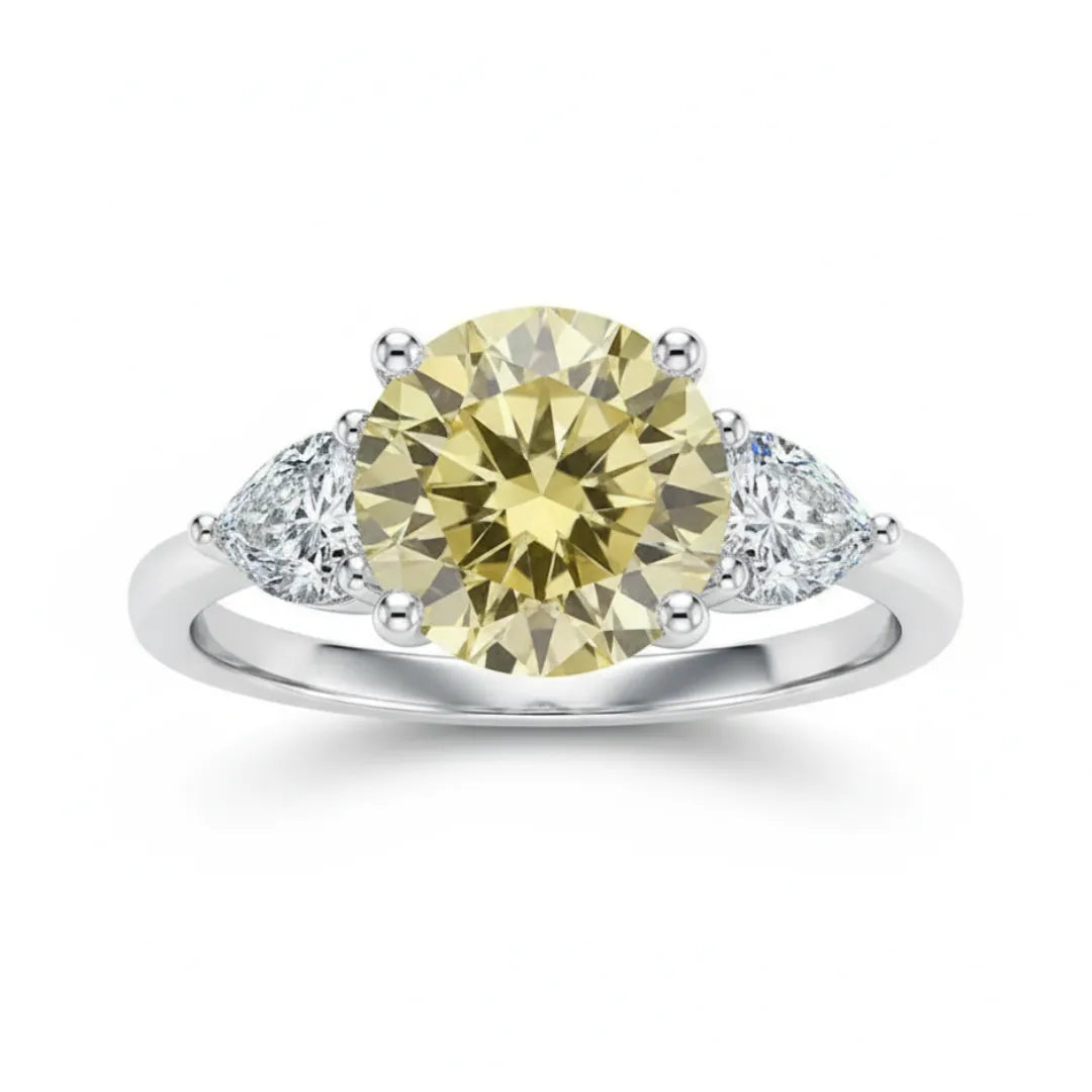 Trillion Side Stone Three Stone Yellow Round Moissanite Engagement Ring