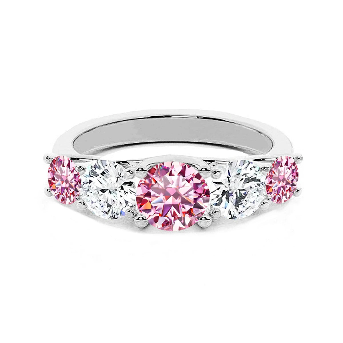 Tapered Trellis Five Stone Pink&White Moissanite Ring