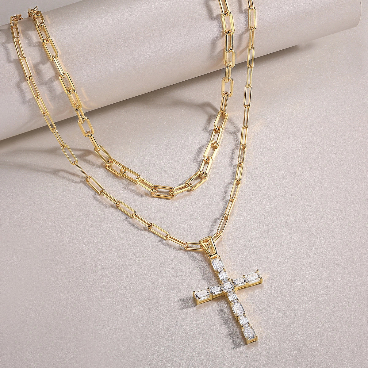 Stacked Paperclip Chain Rectangular Mossanite Cross Pendant