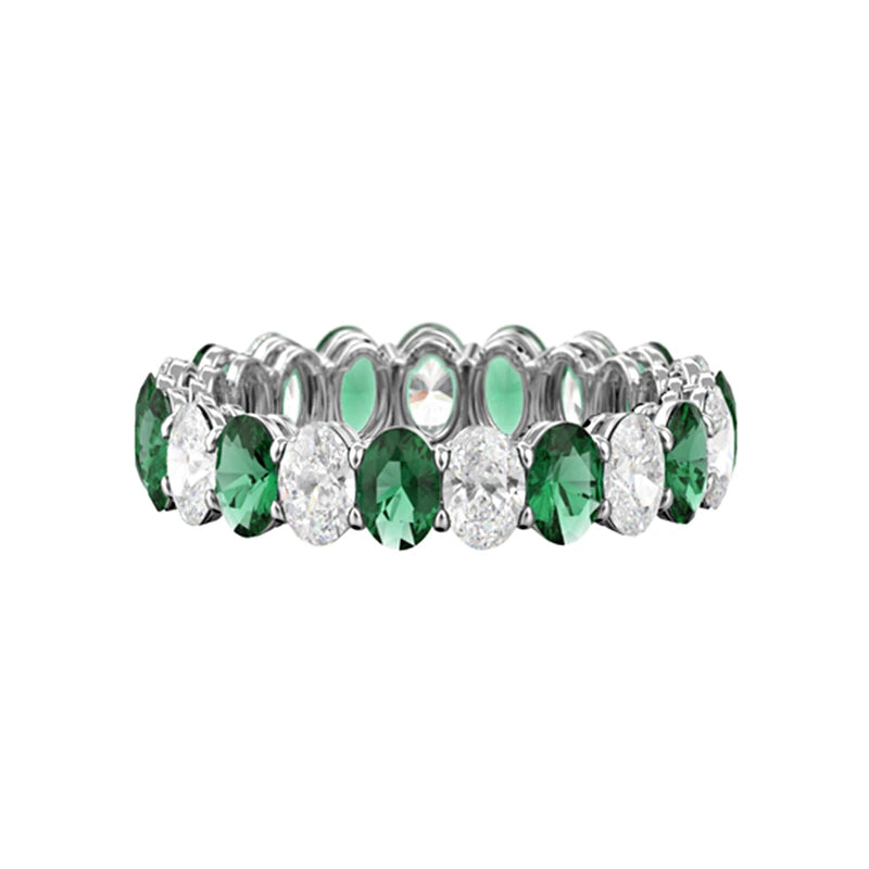 Green and White Oval Moissanite Eternity Band