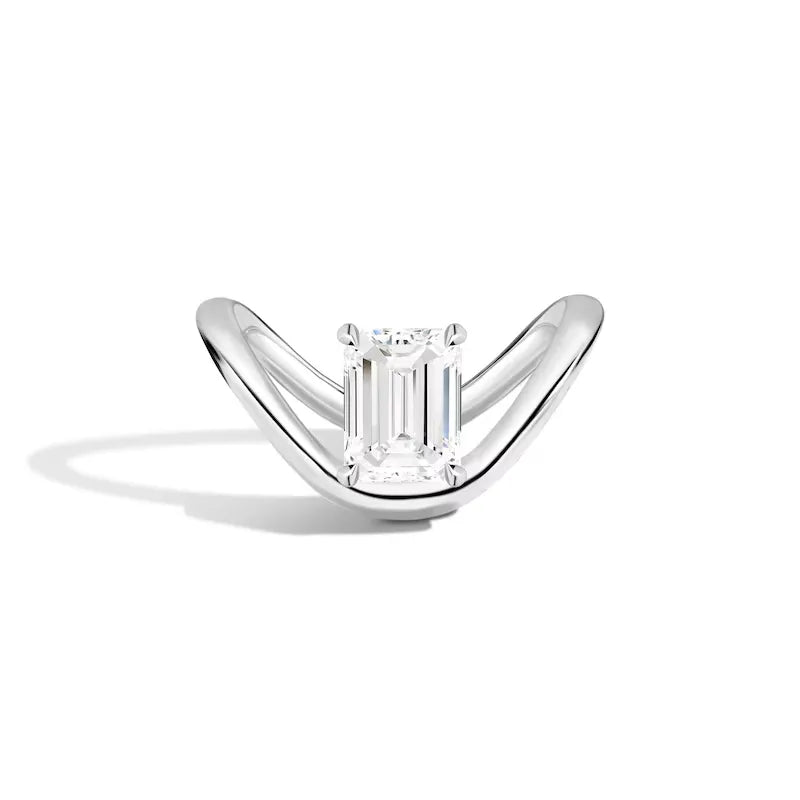 Solitaire V Curved Emerald Cut Engagement Ring