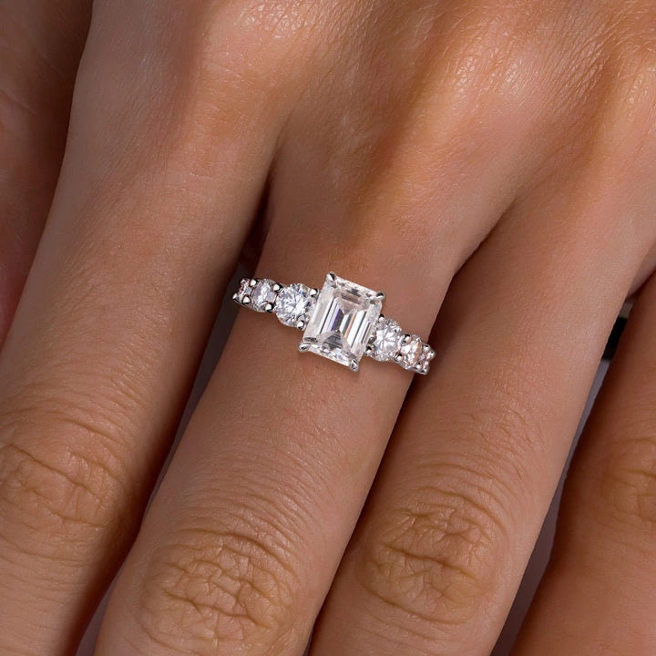 Gradient Sidestone Emerald Moissanite Engagement Ring