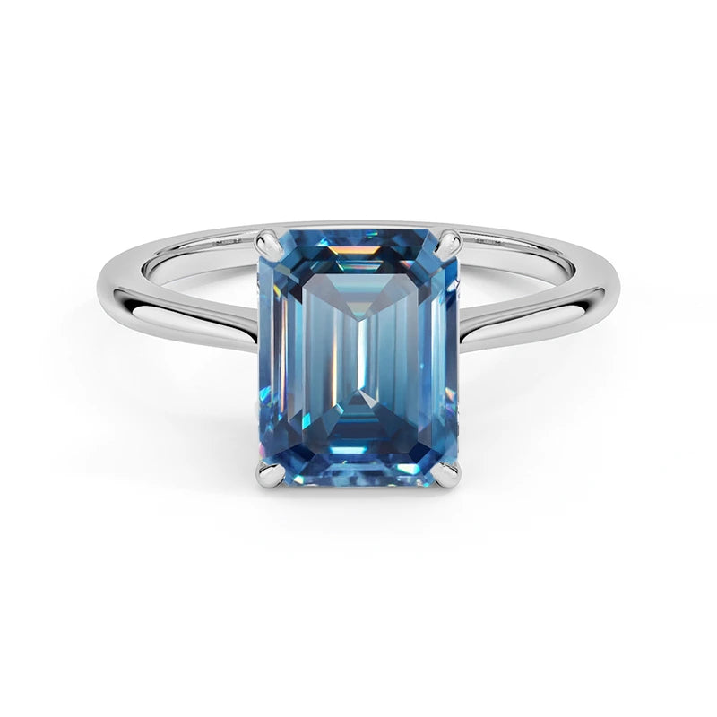 Classic Blue Emerald Moissanite Ring