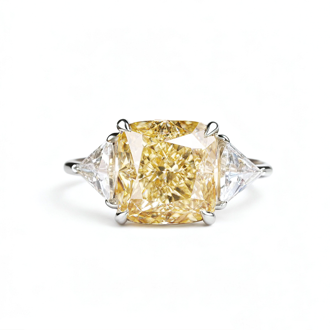 Trillion Side Three Stone Yellow Cushion Moissanite Engagement Ring