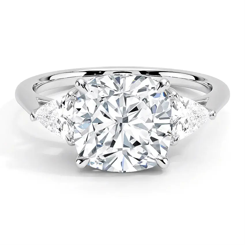 Triangle Side Stone Three Stone Cushion Moissanite Engagement Ring
