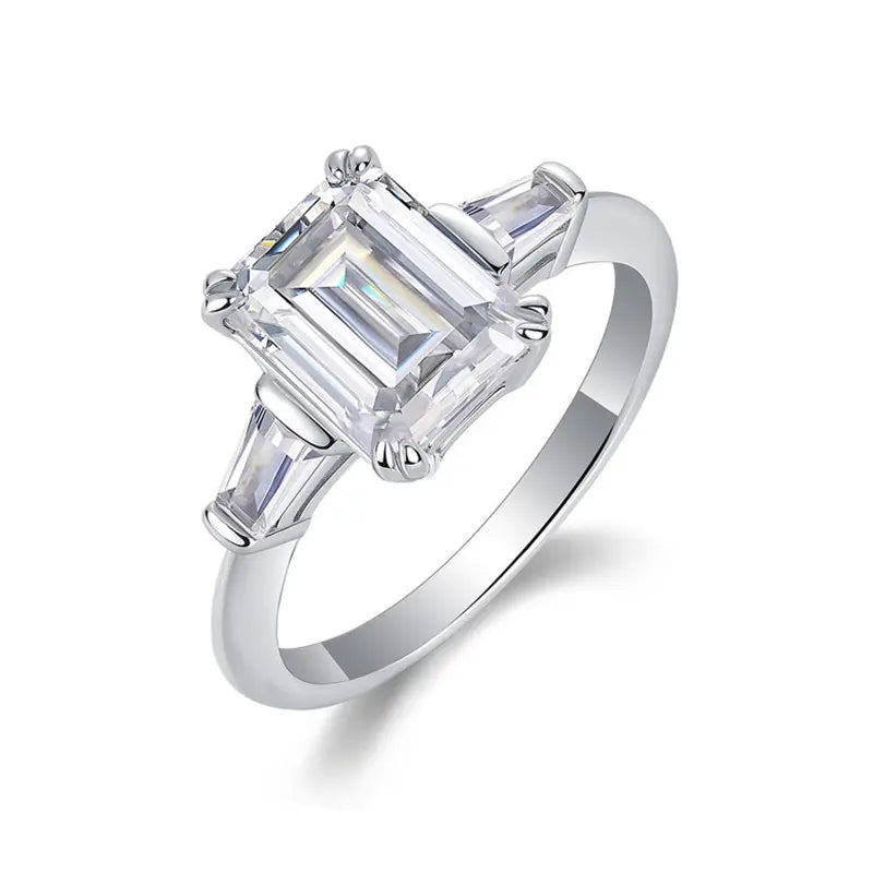 Tapered Baguette Three Stone Emerald Moissanite Engagement Ring 3.0 ct