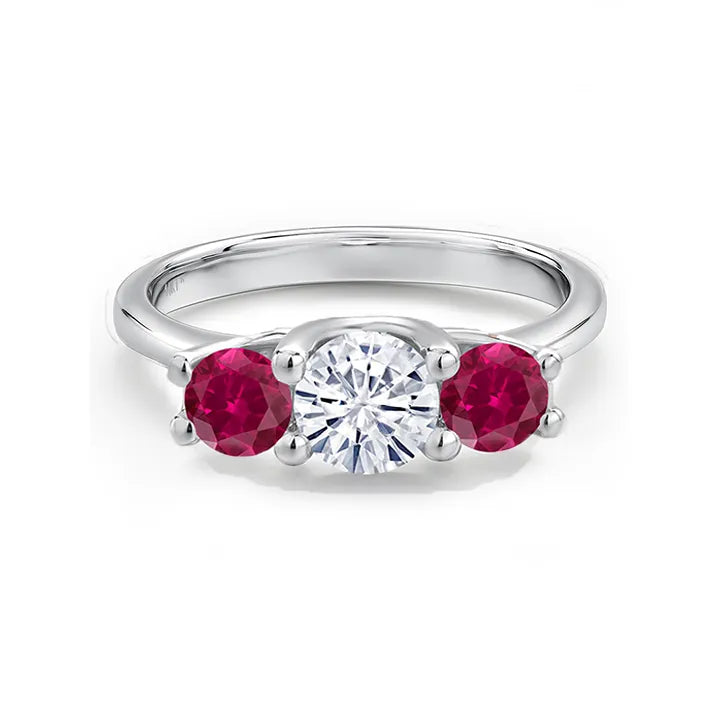 Moissanite and Ruby 3 Stone Engagement Ring