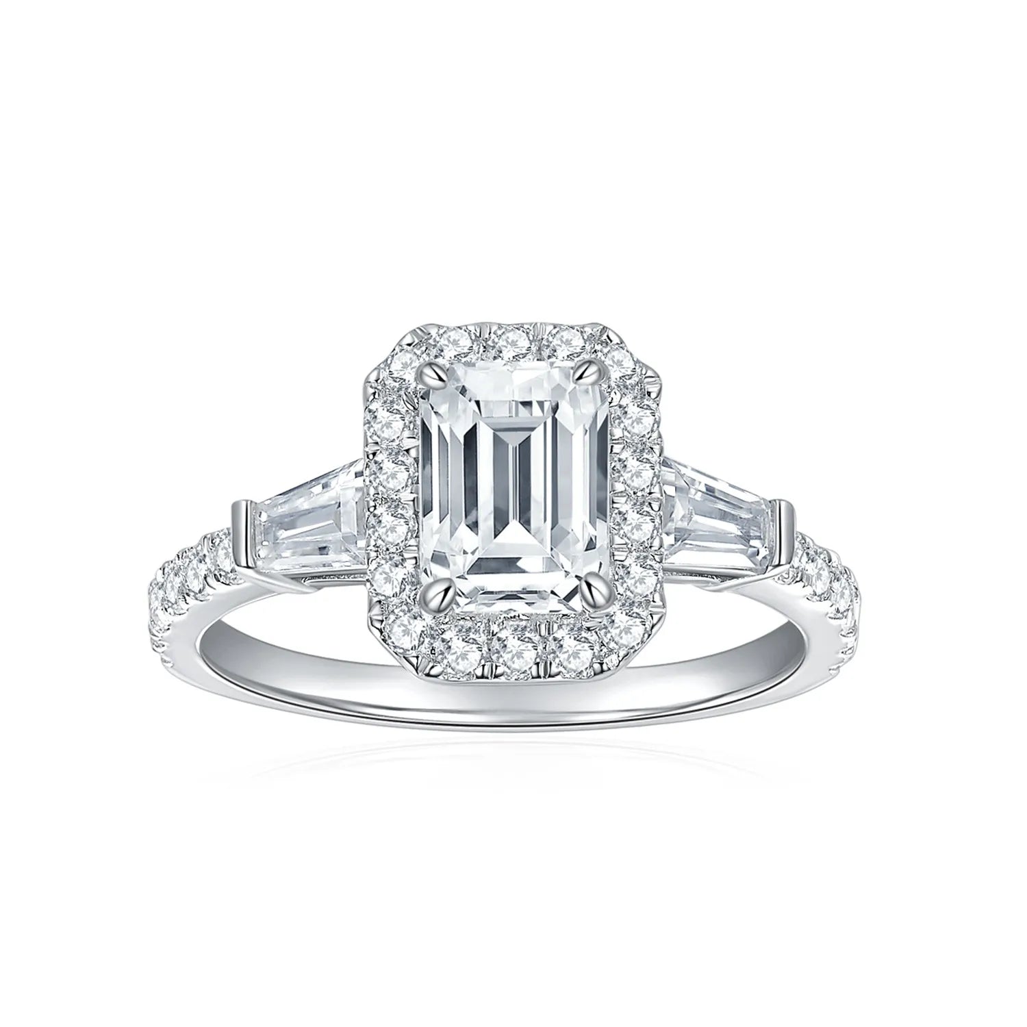 Emerald Halo Tapered Baguette Side Stones Pavé Band Moissanite Engagement Ring