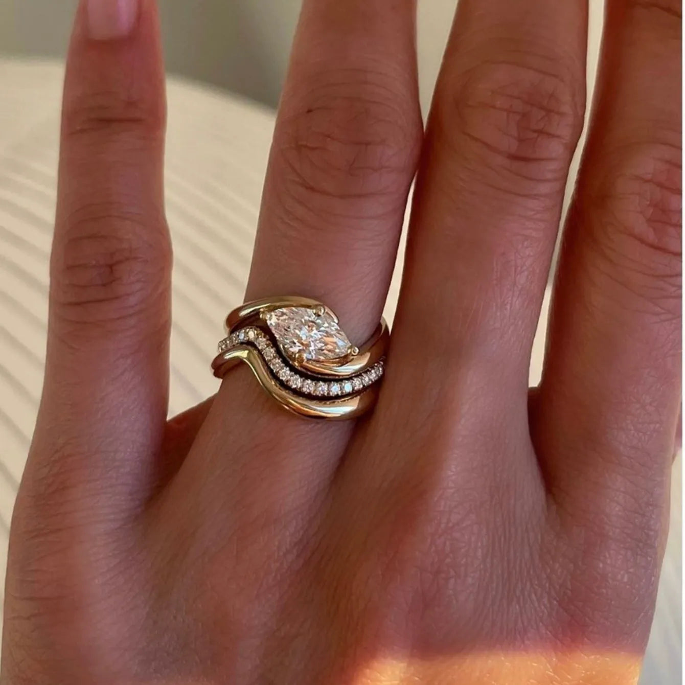 Marquise Moissanite Bridal Set with Chevron Bands