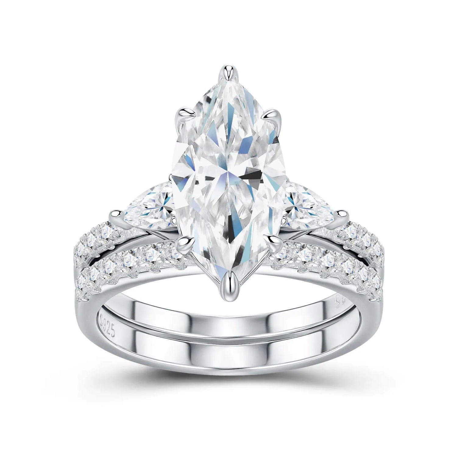 Double Pave Band Pear Side Stone Marquise Moissanite Bridal Set