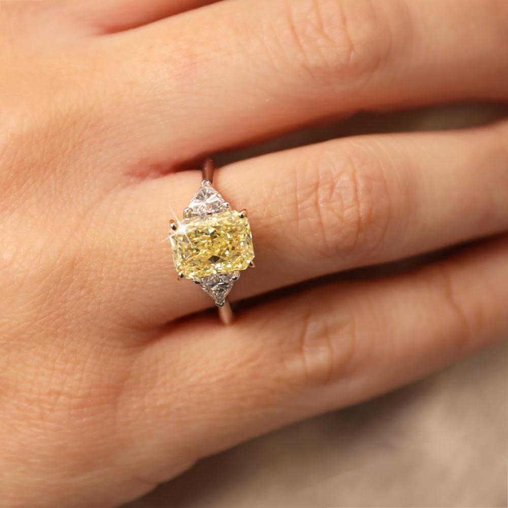 Trillion Side Three Stone Yellow Radiant Moissanite Engagement Ring