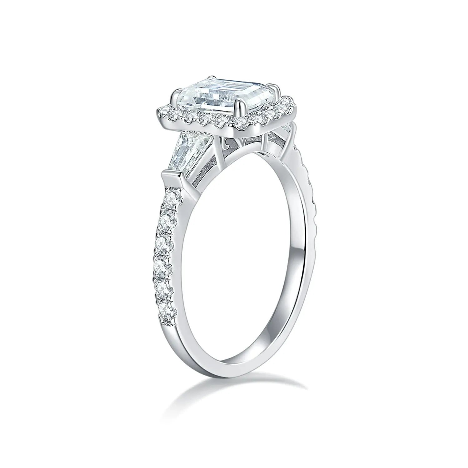 Emerald Halo Tapered Baguette Side Stones Pavé Band Moissanite Engagement Ring