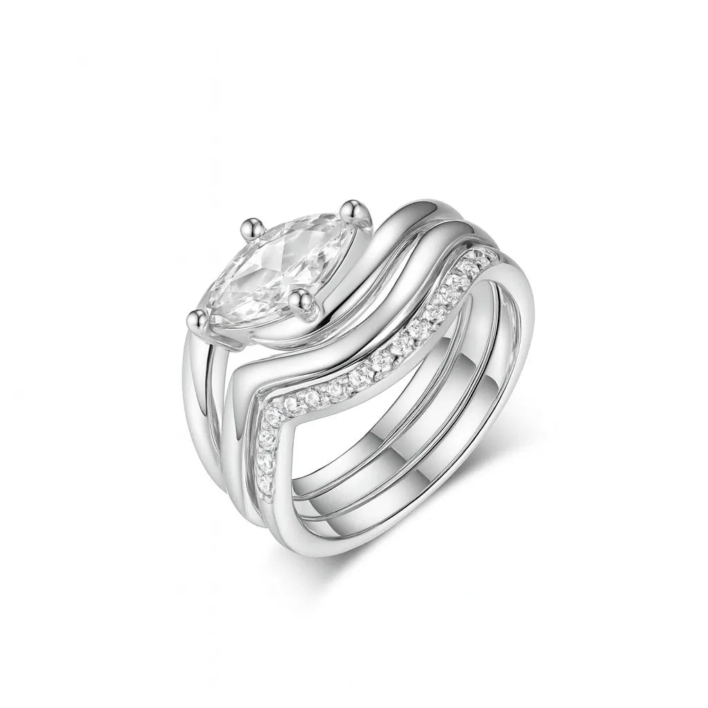 Marquise Moissanite Bridal Set with Chevron Bands