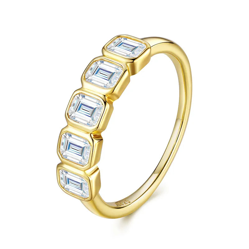 Bezel Set Five Stone Emerald Cut  Moissanite Wedding Ring