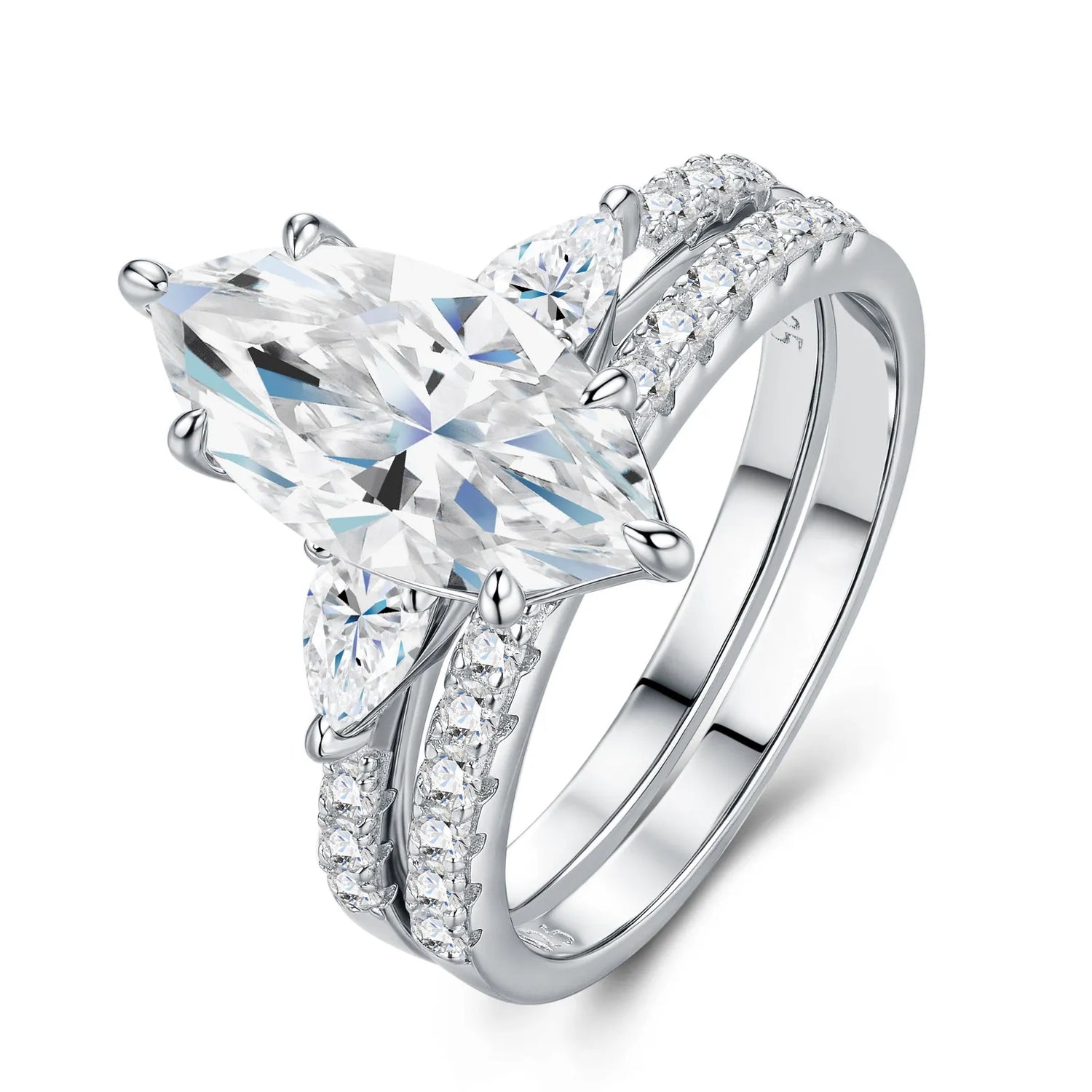 Double Pave Band Pear Side Stone Marquise Moissanite Bridal Set