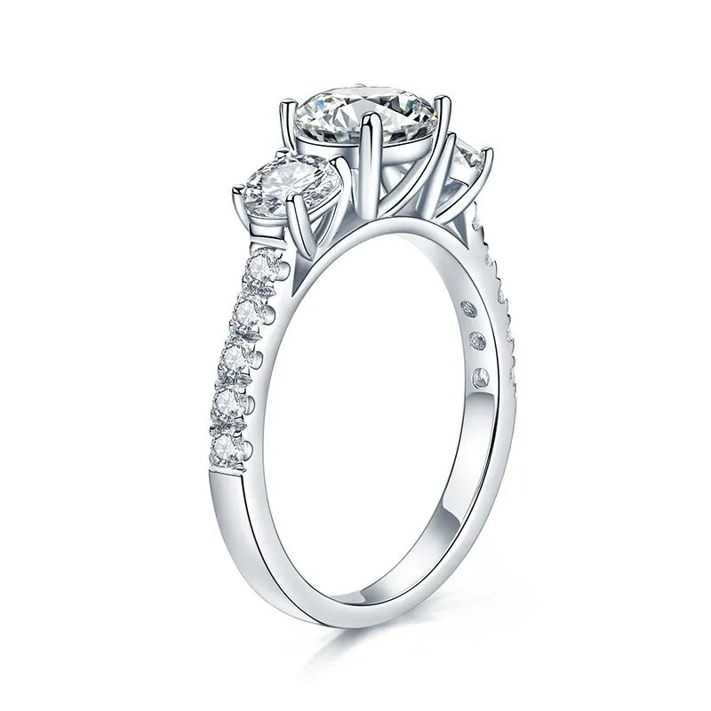 Three Stone Prong Setting Pave Band Moissanite Engagement Ring
