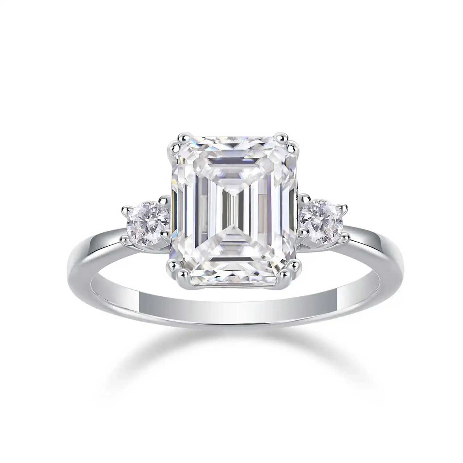 Round Three Stone Emerald Moissanite Engagement Ring