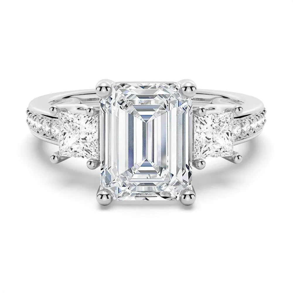 Princess Three Stone Emerald Moissanite Engagement Ring