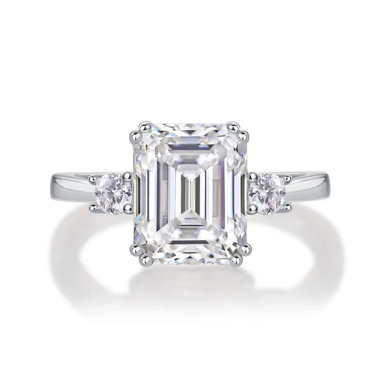 Round Three Stone Emerald Moissanite Engagement Ring