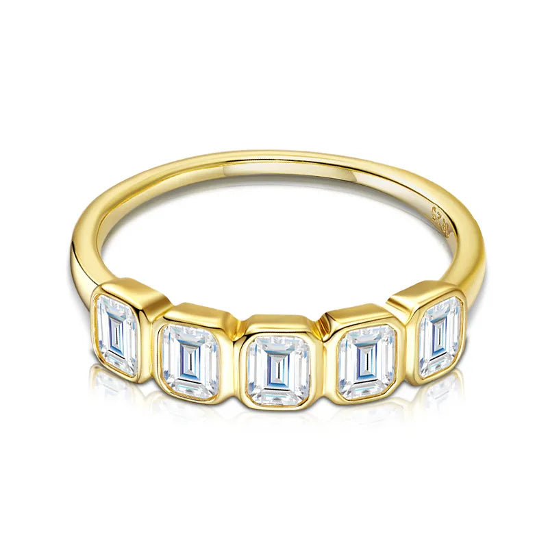 Bezel Set Five Stone Emerald Cut  Moissanite Wedding Ring