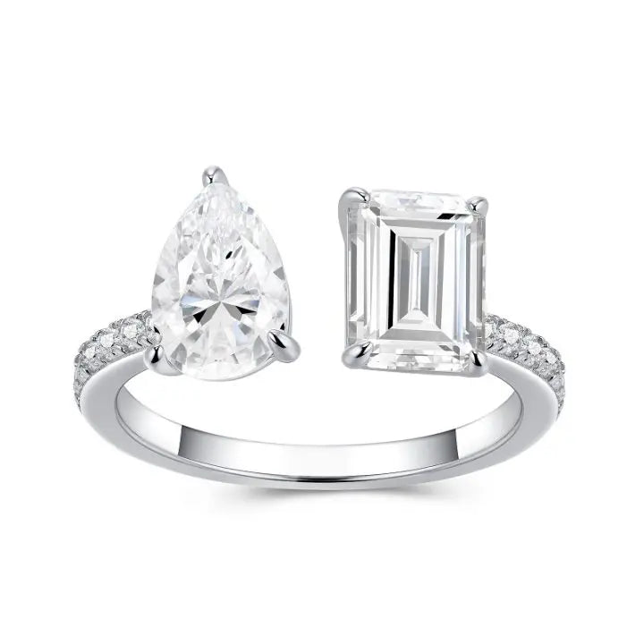 Pave Emerald & Pear Moissanite Toi et Moi Ring