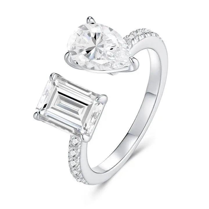 Pave Emerald & Pear Moissanite Toi et Moi Ring