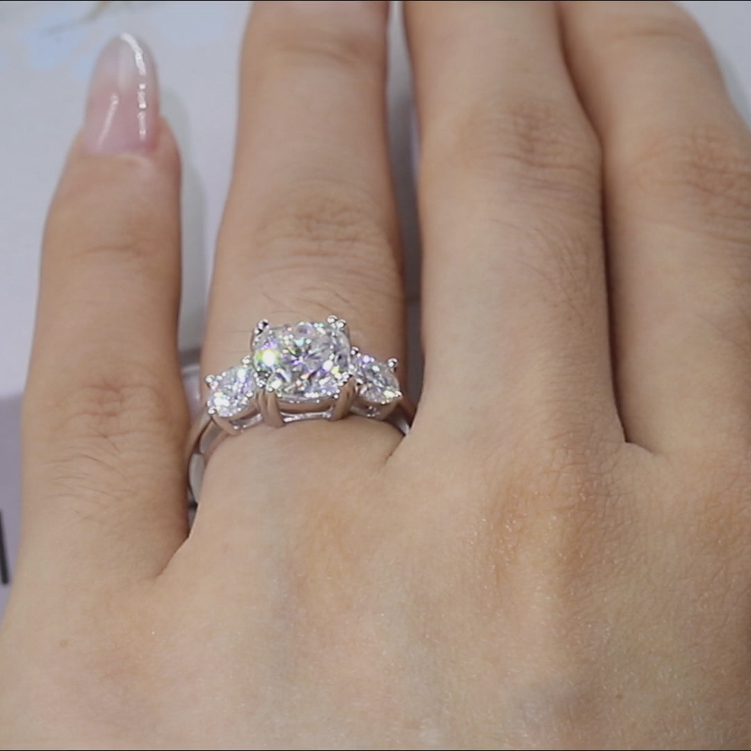 Double Prong Three Stone Cushion Moissanite Engagement Ring