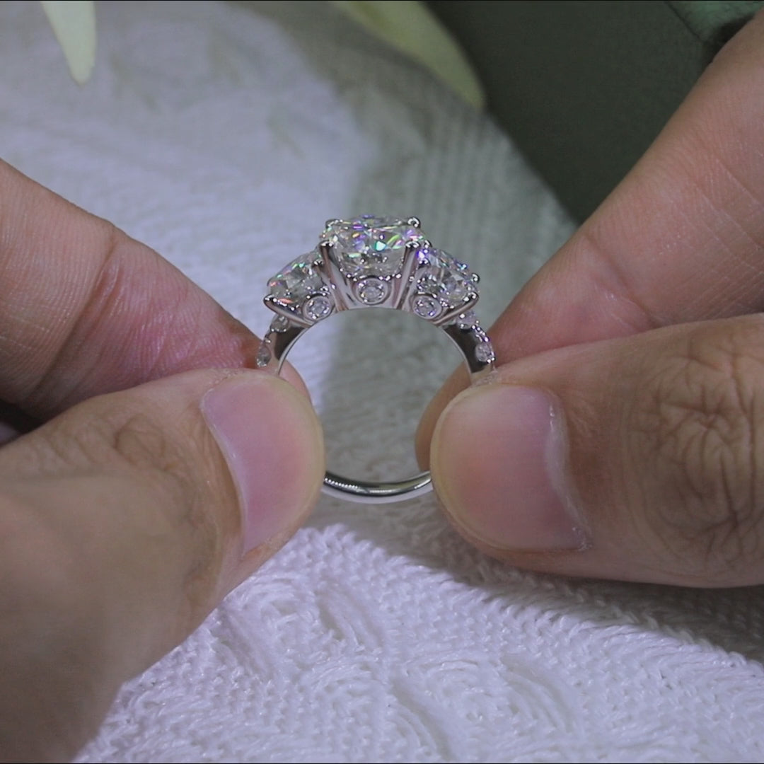 Pave Three Stone Moissanite Engagement Ring