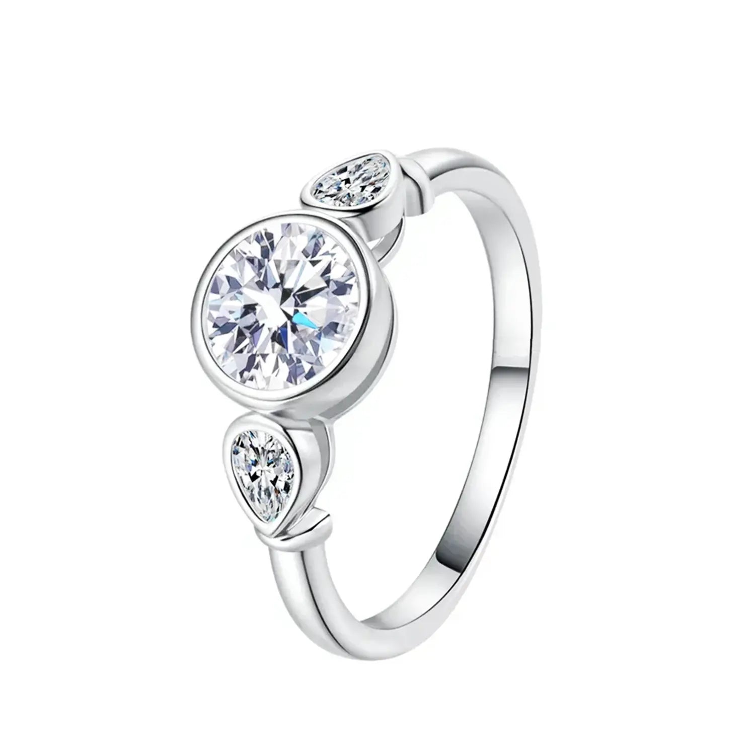 Pear Shaped Side Stone Bezel Three Stone Moissanite Ring