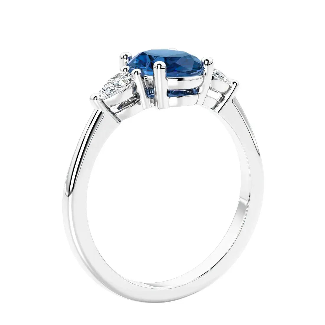 Blue Oval Moissanite Three Stone Ring