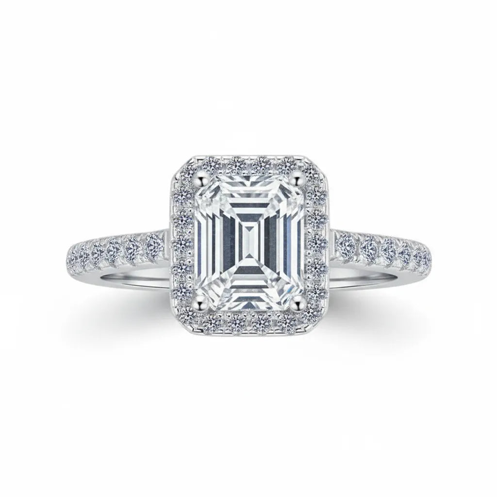 Emerald Halo Pave Moissanite Engagement Ring