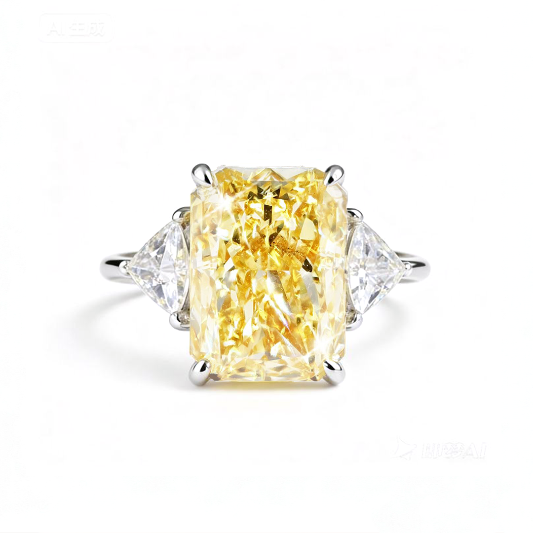 Trillion Side Three Stone Yellow Radiant Moissanite Engagement Ring